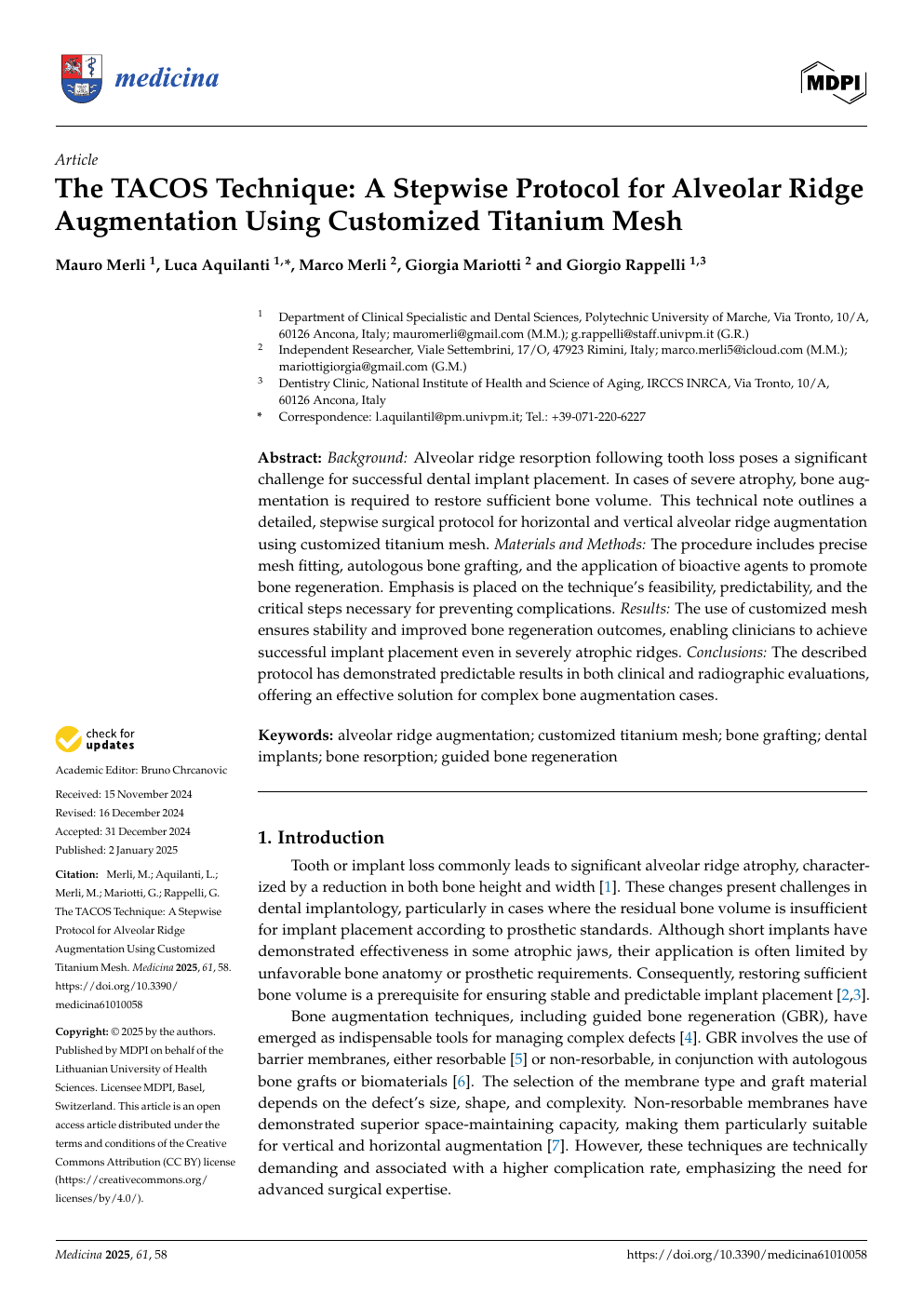 논문 첫 페이지 · The TACOS Technique: A Stepwise Protocol for Alveolar Ridge Augmentat
