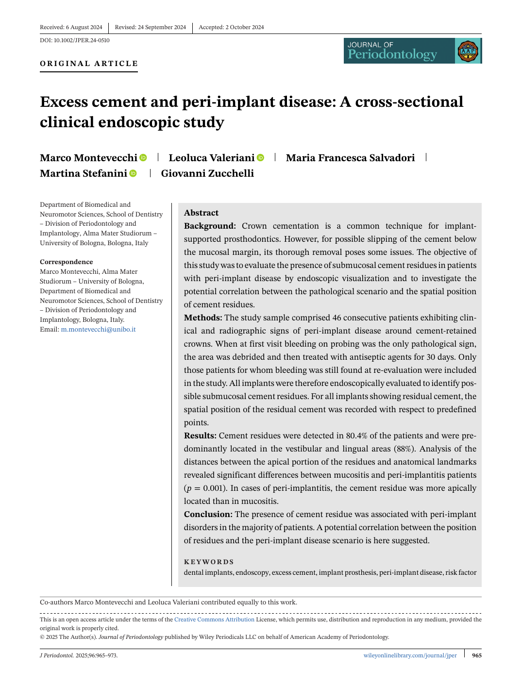 Excess cement and peri-implant disease: A cross-sectional clinical endoscopic study 논문 첫 페이지