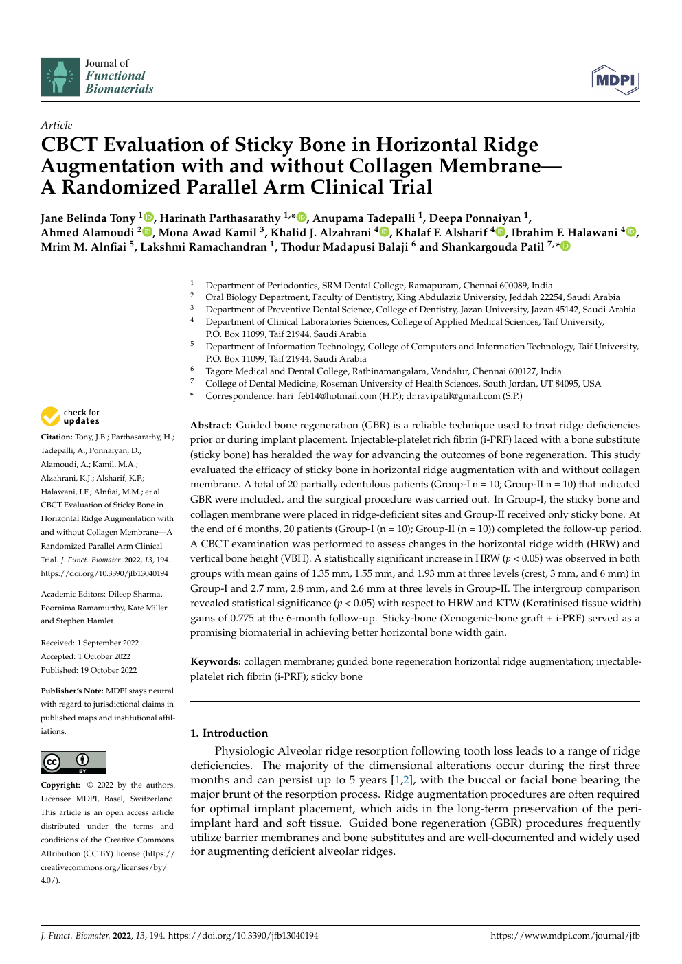 논문 첫 페이지 · CBCT Evaluation of Sticky Bone in Horizontal Ridge Augmentation with 