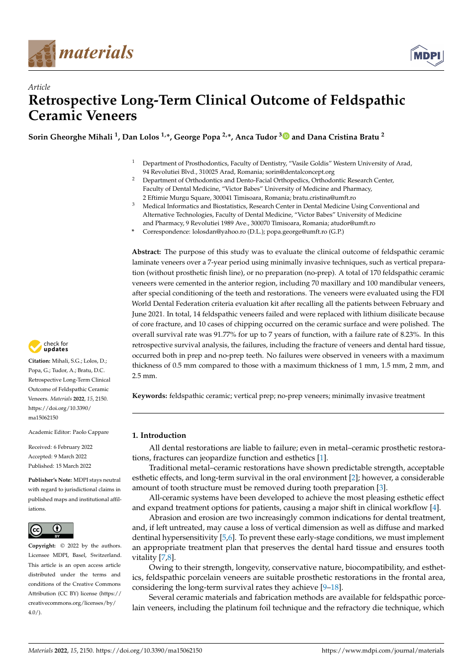 Retrospective Long-Term Clinical Outcome of Feldspathic Ceramic Veneers 논문 표제면