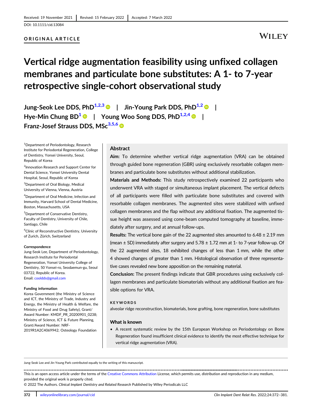 논문 첫 페이지 · Vertical ridge augmentation feasibility using unfixed collagen membra