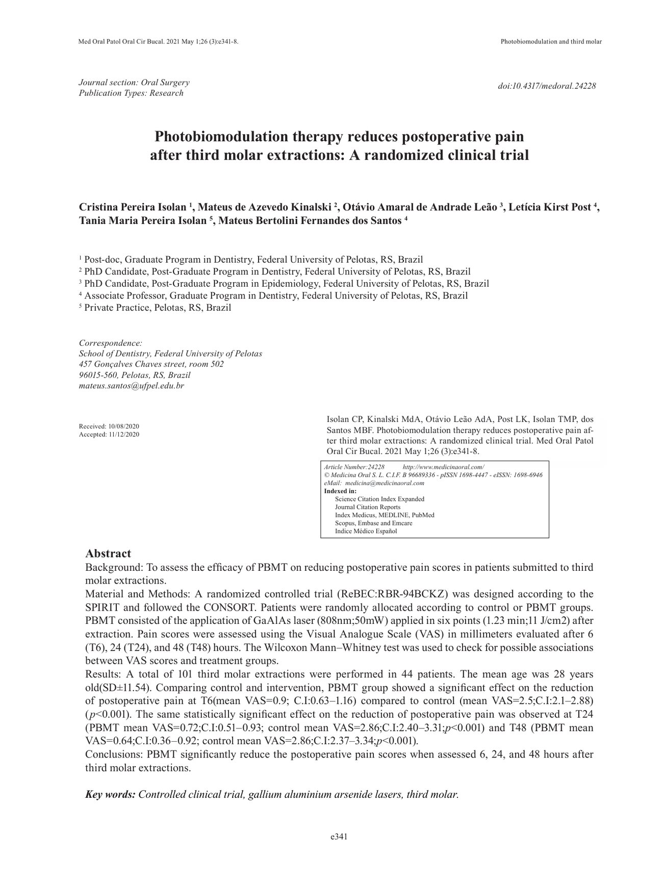 Photobiomodulation therapy reduces postoperative pain 논문 표제면