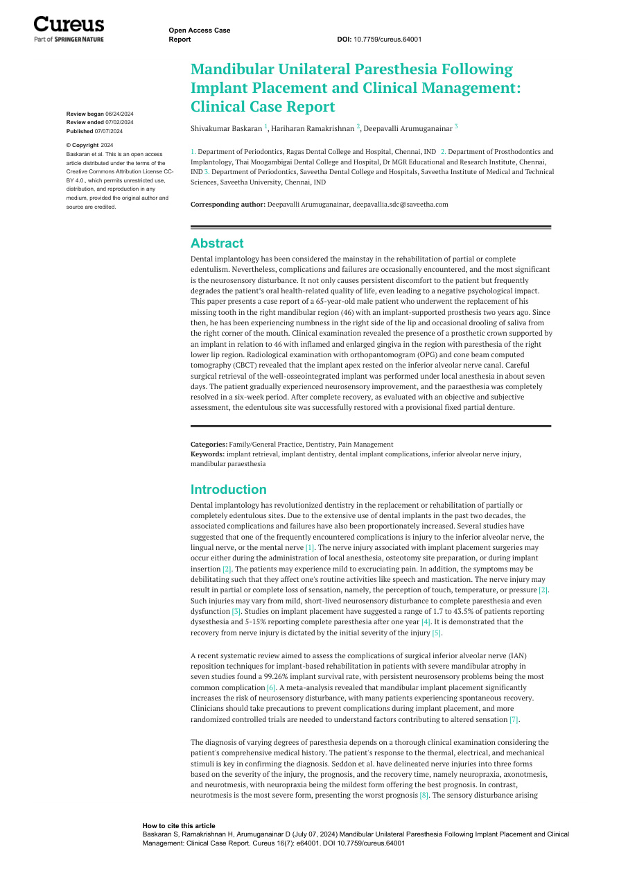 논문 첫 페이지 · Mandibular Unilateral Paresthesia Following Implant Placement and Cli