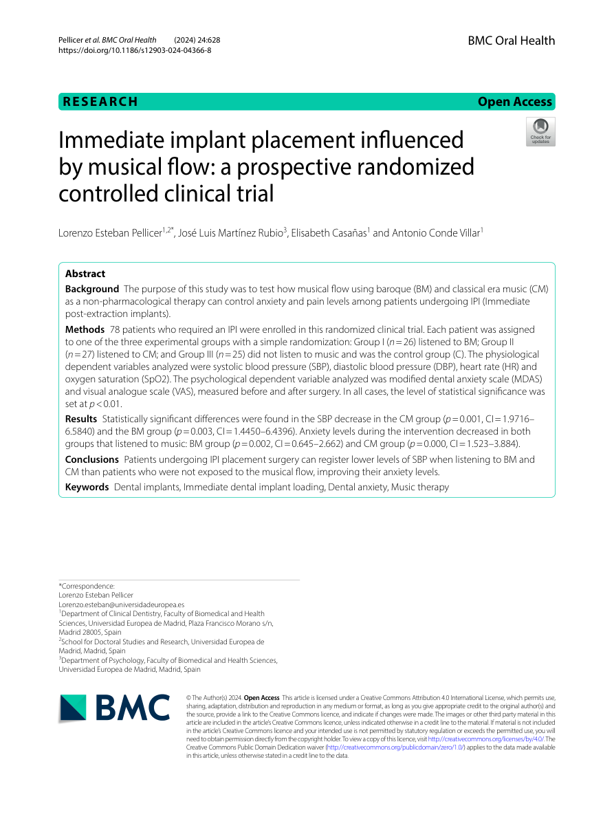 Immediate implant placement influenced by musical flow 논문 표제면