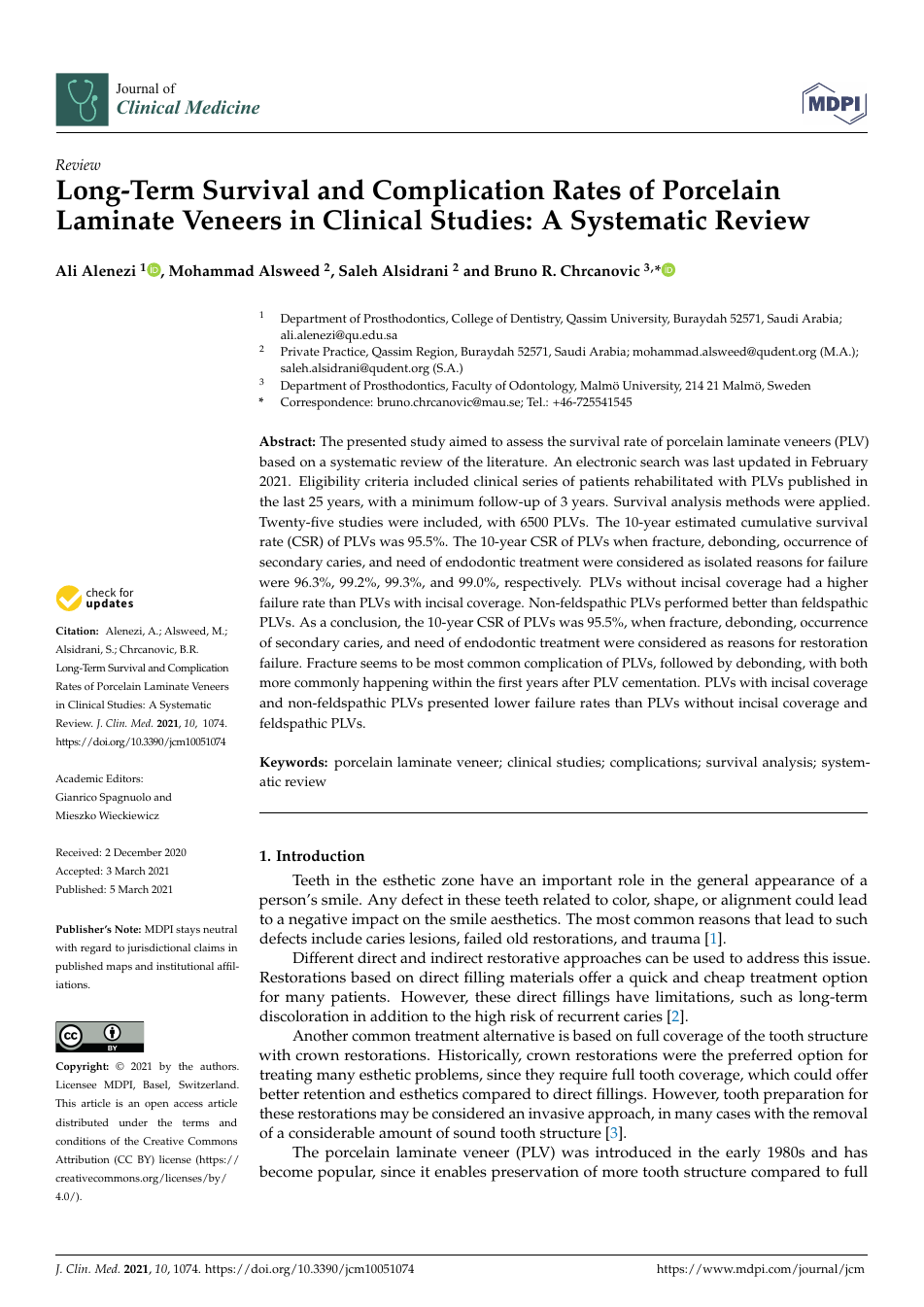 Long-Term Survival and Complication Rates of Porcelain Laminate Veneers in Clinical Studies: A Systematic Review