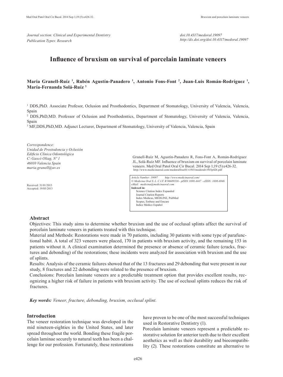 Influence of bruxism on survival of porcelain laminate veneers 논문 표제면