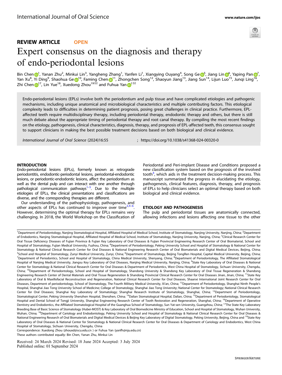 Expert consensus on the diagnosis and therapy of endo-periodontal lesions 논문 표제면