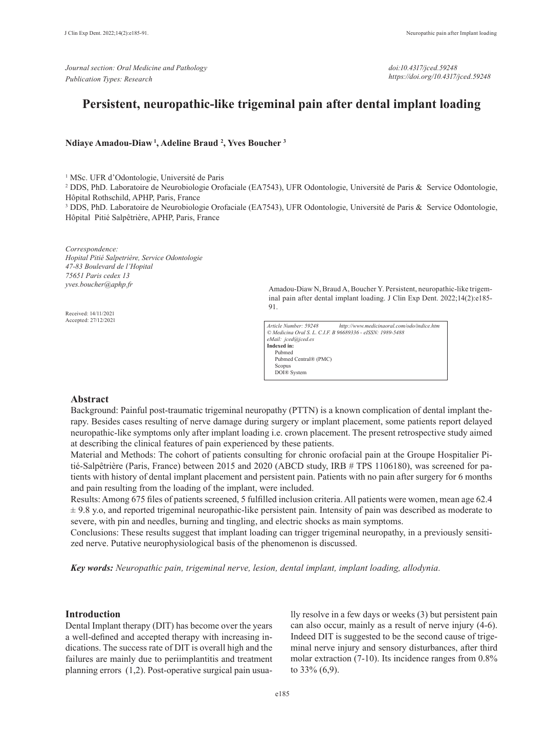 Persistent, neuropathic-like trigeminal pain after dental implant loading 논문 첫 페이지