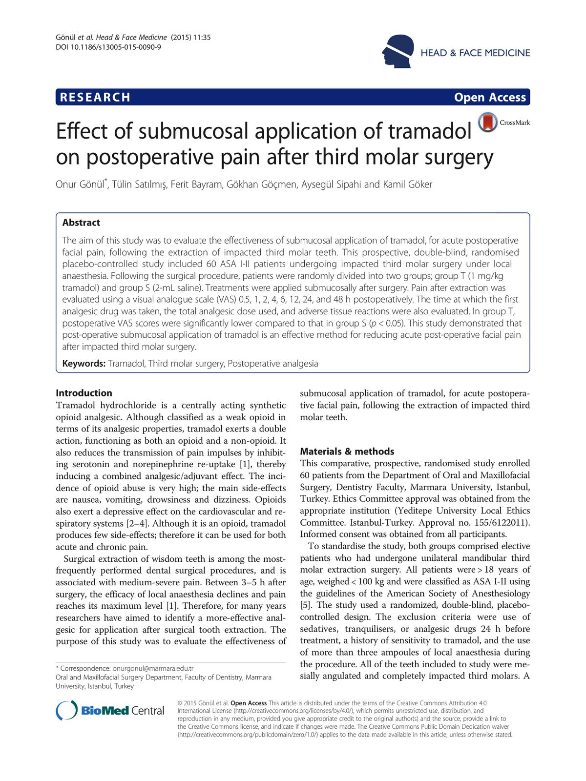 Effect of submucosal application of tramadol 논문 표제면