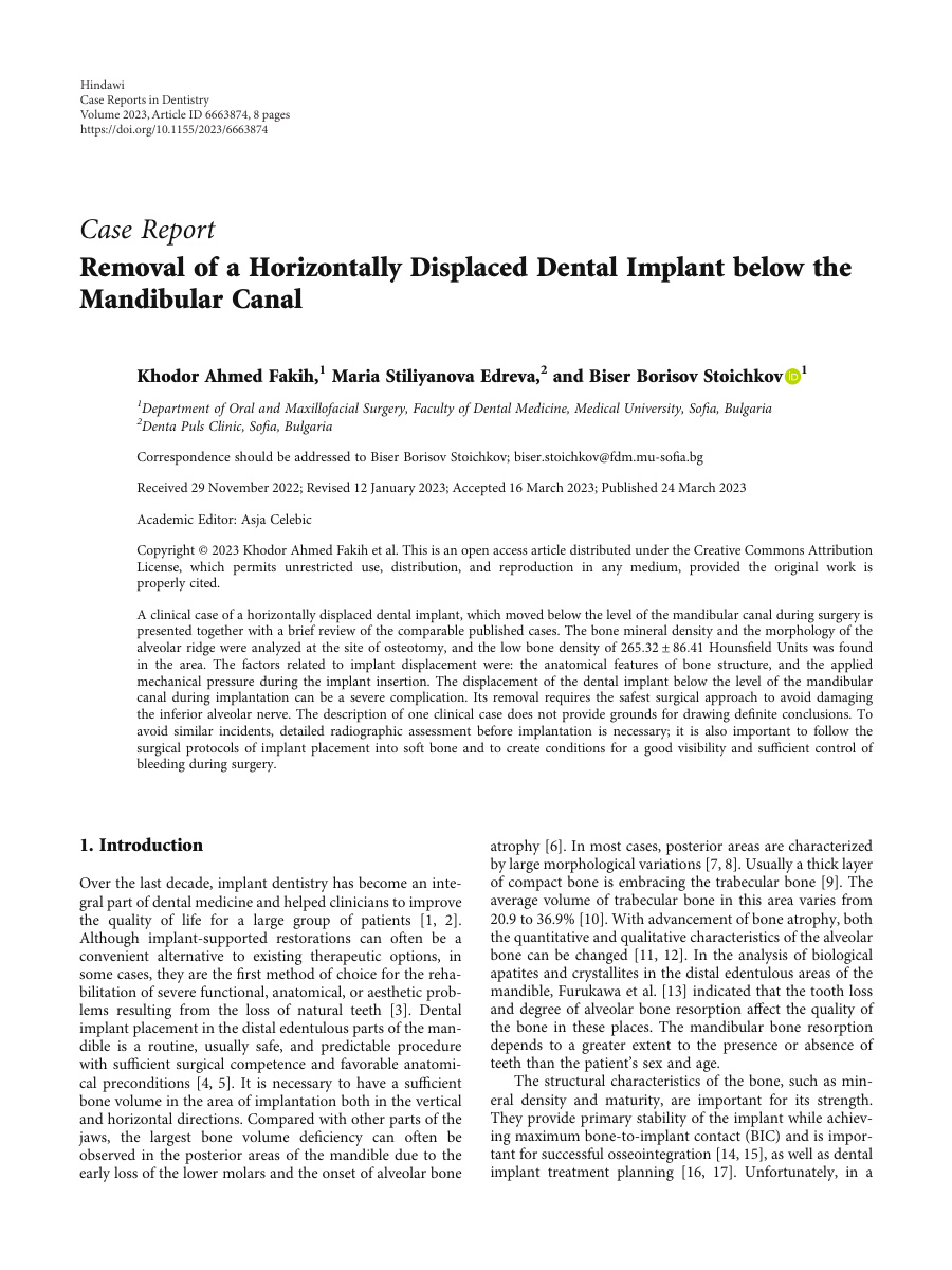 논문 첫 페이지 · Removal of a Horizontally Displaced Dental Implant below the Mandibul