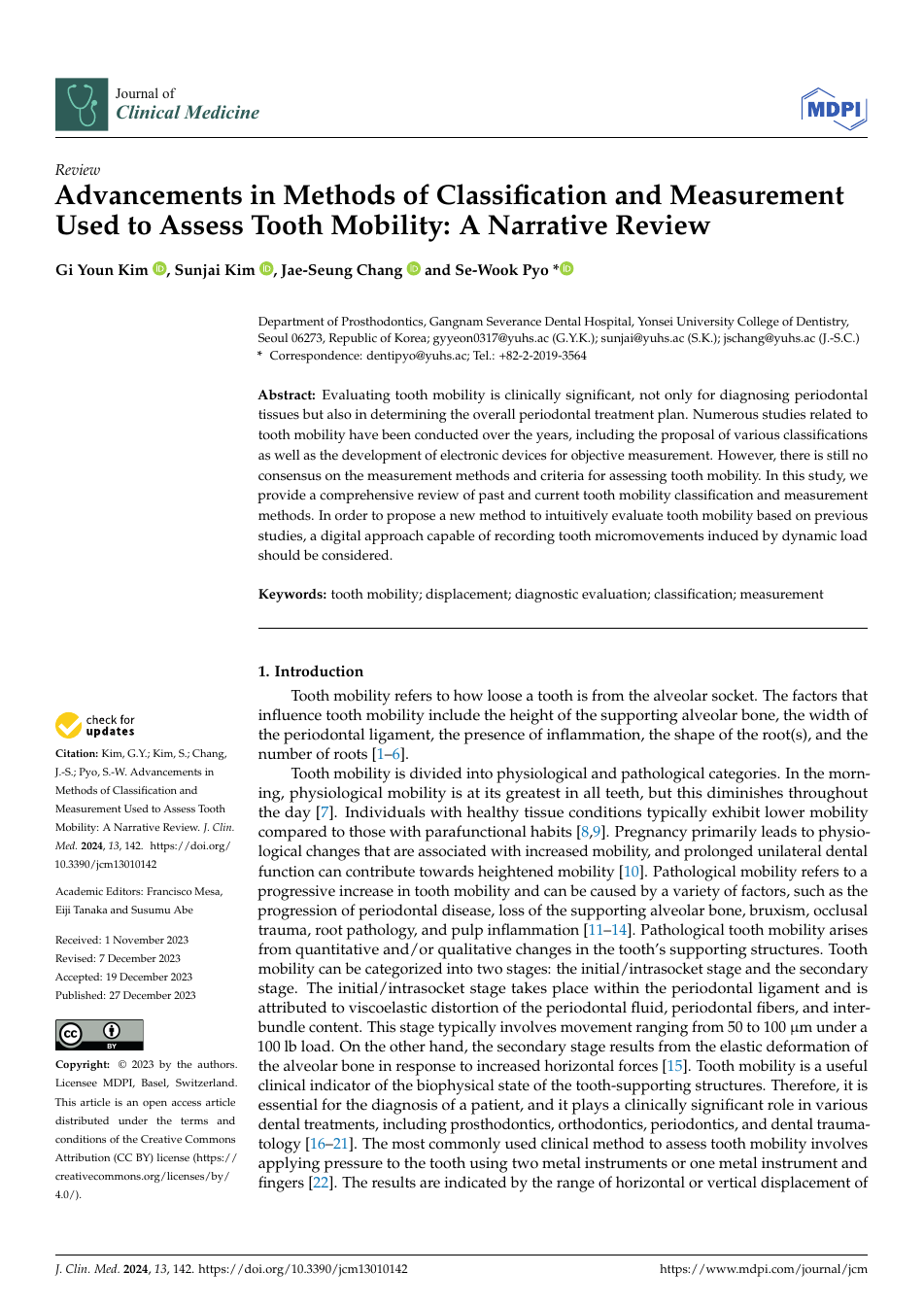 Advancements in Methods of Classification and Measurement Used to Assess Tooth Mobility 논문 표제면