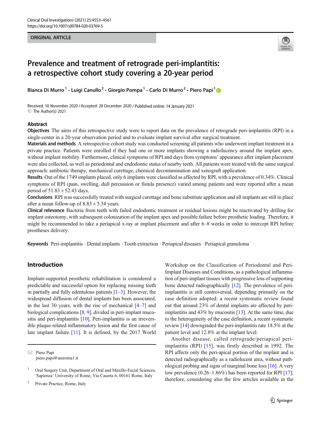 Prevalence and treatment of retrograde peri-implantitis: a retrospective cohort study covering a 20-year period 논문 첫 페이지